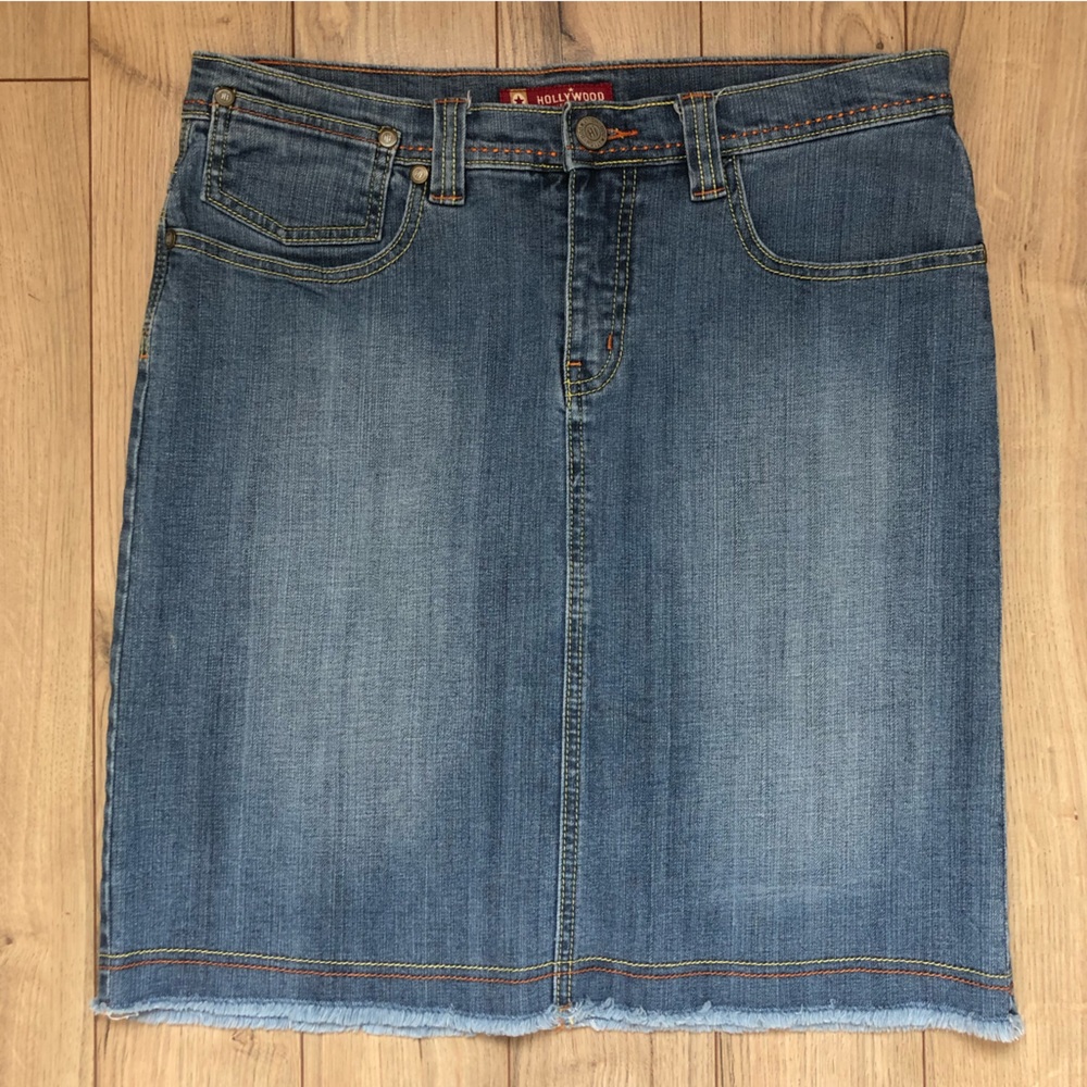 Women’s Vintage Hollywood Jeans Midi frayed hem denim skirt size XL